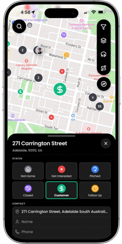Knockd on iPhone: door record with outcome, contact, and notes