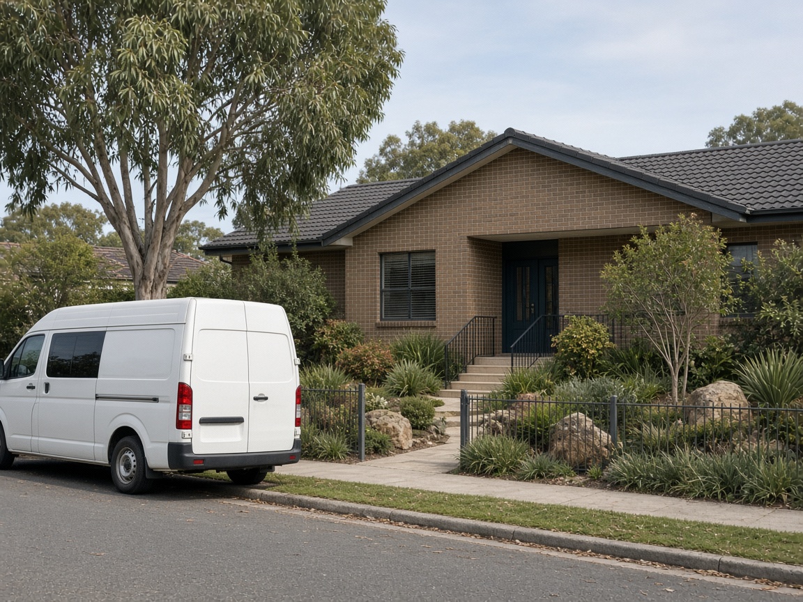 Home services van on a suburban street