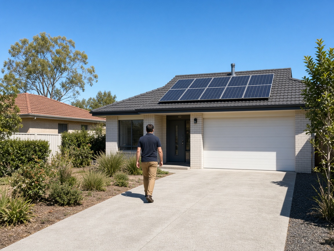 Suburban house with rooftop solar panels