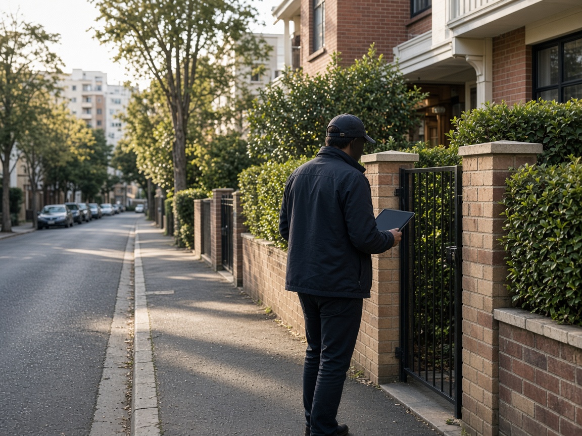 Telecom field rep approaching a townhouse